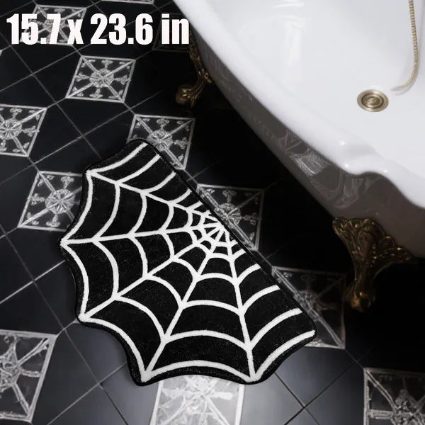 15.7 X 23.6 Inch Halloween Decor Spider Web Bath Mat For Bathroom, Gothic Cute Halloween Decoration Black White Half Circle Bath Mat Non Slip Cashmere Bath Rug Bathroom Mat Plush Shower Rugs