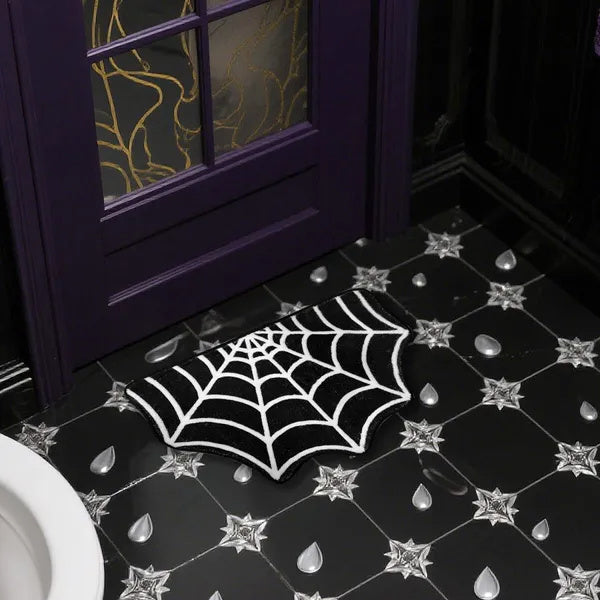 15.7 X 23.6 Inch Halloween Decor Spider Web Bath Mat For Bathroom, Gothic Cute Halloween Decoration Black White Half Circle Bath Mat Non Slip Cashmere Bath Rug Bathroom Mat Plush Shower Rugs